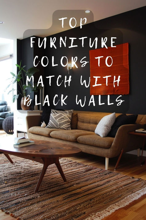 Struggling to pick furniture for black walls? Click to discover colors that make your space pop! 🖤🛋️ #HomeDecor #BlackWalls #FurnitureColors #InteriorDesign #RoomMakeover Black Accent Wall Small Living Room, Charcoal Walls Living Room, Living Room With Black Accent Wall, Living Room Black Accent Wall, Black Living Room Walls, Black Wall Interior, Dark Accent Wall Living Room, Black Wall Living Room, Black And White Walls