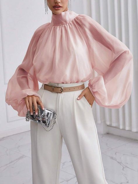 Dusty Pink Outfit, Dusty Pink Outfits, Puff Long Sleeve Top, Tie Neck Shirt, Puff Long Sleeves, Women Blouses, Tops Fall, Christmas Fashion, Lantern Sleeve