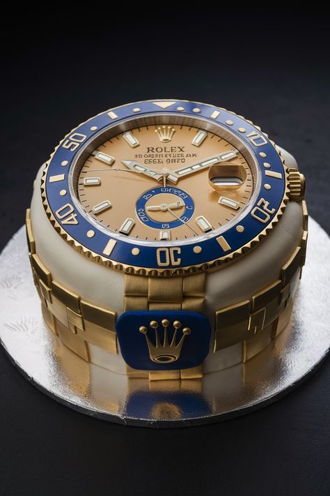 Transform his birthday into a celebration of sophistication with a stunning Rolex-themed cake. This edible version of the iconic Rolex watch features detailed decorations such as a fondant-crafted dial, complete with hour markers and hands, and a shiny, metallic finish that mimics the luxurious sheen of a real Rolex. #rolexcake #cakeideas #birthdaycake #luxurycake #designercake #celebrationcake #cakeinspiration #cakedecorating #baking #sweetreats Watch Cake Ideas, Luxury Cake For Men, Cakes For Mens Birthday, Men’s Birthday Cake, Crown Royal Cake, Rolex Cake, Funky Cakes, Watch Cake, 50th Birthday Cakes For Men