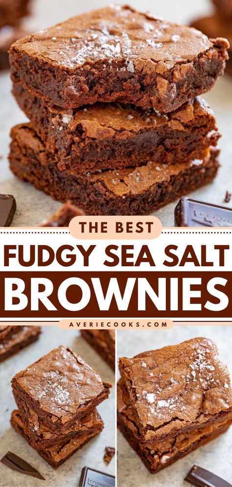 The Best Fudgy Sea Salt Brownies - Averie Cooks Dark Chocolate Sea Salt Brownies, Sea Salt Desserts, Salted Brownies, Sea Salt Brownies, Blondies Recipes, Business Bakery, Perfect Christmas Dessert, Dark Chocolate Desserts, Black Color Hairstyles