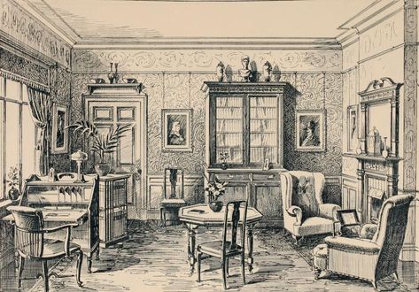 Edwardian Housekeeping: Furnishing the Home | Edwardian Promenade Edwardian Library Room, Edwardian Drawing Room, 1920 Room Decor, Victorian Morning Room, Vintage Room Drawing, Edwardian Sitting Room, 1900 Interior Design, Drawing Room Aesthetic, Drawing Room Layout