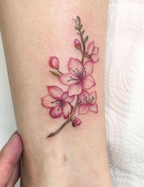 Tulip And Cherry Blossom Tattoo, Cherry Blossom Wrist Tattoo, Floral Ankle Tattoo, Frangipani Tattoo, Pink Flower Tattoos, Realistic Flower Tattoo, Pretty Flower Tattoos, Stomach Tattoos Women, Japanese Flower Tattoo