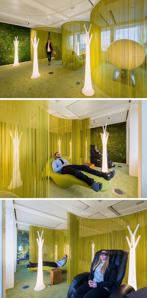 Office Design Inspiration - This Modern Office Has A Lounge Area For Quiet Relaxation.   When PwC Switzerland commissioned Evolution Design to create their new office in Basel, they wanted an office with a super healthy work environment. As part of this healthy environment, the office would need to include areas of activity, attitude, rest, and nutrition. Modern Office Lighting, Evolution Design, Industrial Office Design, Office Design Inspiration, Cool Office Space, Corporate Office Design, Green Office, Office Lounge, Modern Office Design