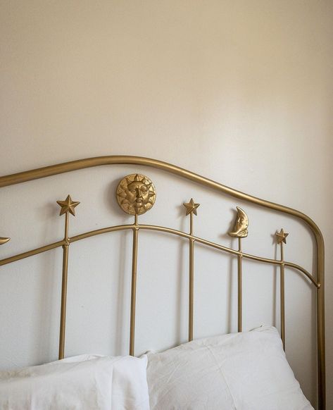 under the sun, moon, and stars. Vintage Celestial gold headboard. Bedroom decor in modern Victorian eclectic celestial style Sun And Moon Home Decor, Vintage Celestial Decor, Gold Headboard Bedroom, Sun Headboard, Scallop Headboard, Victorian Eclectic, Gold Headboard, Celestial Bedroom, Celestial Room