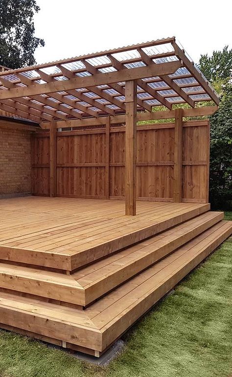 Backyard Wooden Deck Ideas, Pergola On Wood Deck, Unattached Deck Ideas, Wooden Backyard Patio, Outdoor Wooden Deck Ideas, Wooden Deck With Pergola, Wooden Patio Design, Low Deck Designs With Pergola, Wooden Patio Deck