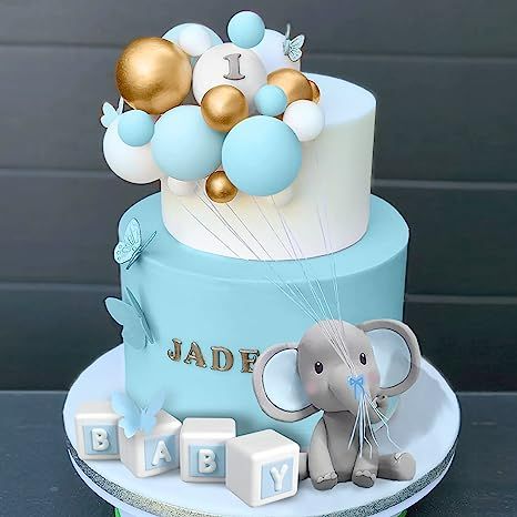 Elephant Theme Birthday Cake, Blue And White 1st Birthday Cake, Cakes For 1st Birthday Boy, Baby Boys Birthday Themes, Tort Baby Shower Boy, Elephant Baby Shower Cake Boy, Cake For 1st Birthday Boy, Blue Birthday Cakes For Boys, 1st Birthday Cake Ideas For Boys