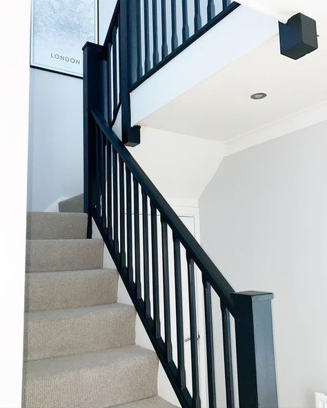 Black Staircase Banisters, Farrow And Ball Bannister, Black Painted Banister Stairways, Railings Stairs Farrow And Ball, White Stairs Black Banister, Black Stairs Banister, Grey Stairs Black Railing, Hallway With Black Banister, All Black Banister