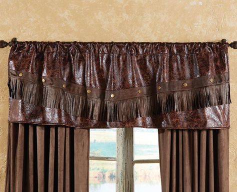 PRICES MAY VARY. Suede,microfiber,leather,faux Leather 60 Day No Hassle Returns A Lone Star Western Décor Exclusive - Brown microfiber suede has a distressed leather print on the Distressed Leather Western Valance with a darker brown band, rivets and faux leather fringe. Dry clean. Measures 54"W x 15"H with 3" rod pocket. Western Valance, Rustic Star Decor, Western Curtains, Cabin Curtains, Rustic Window Treatments, Black Forest Decor, Rustic Western Decor, Rustic Window, Diy Rustic Decor