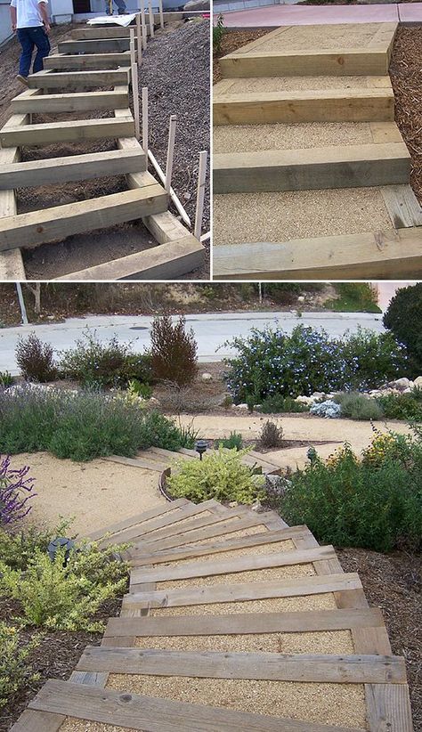 Step by Step! : DIY Garden Steps & Outdoor Stairs • The Garden Glove Taman Diy, Landscape Stairs, Landscape Timbers, Sloped Backyard, Garden Stairs, Outdoor Steps, Desain Lanskap, Sloped Garden, Garden Steps