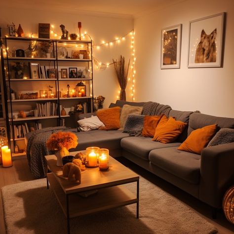 Fall and Halloween living room Halloween aesthetic Fall aesthetic Halloween decorations Autumn Living Room, Halloween Living Room, Casa Halloween, Aesthetic Living Room, Cosy Living Room, Apartment Aesthetic, Bedroom Decor Design, Aesthetic Fall, Living Room Decor Cozy