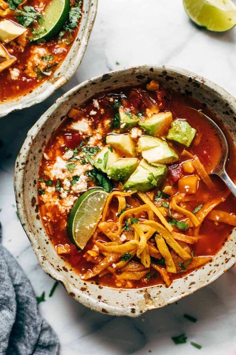 Sweet Potato Tortilla, Instant Pot Sweet Potato, Potato Tortilla, Dinner Soup, Tortilla Strips, Tortilla Soup Recipe, Chipotle Chili, Chicken Enchilada Soup, Soup Vegan