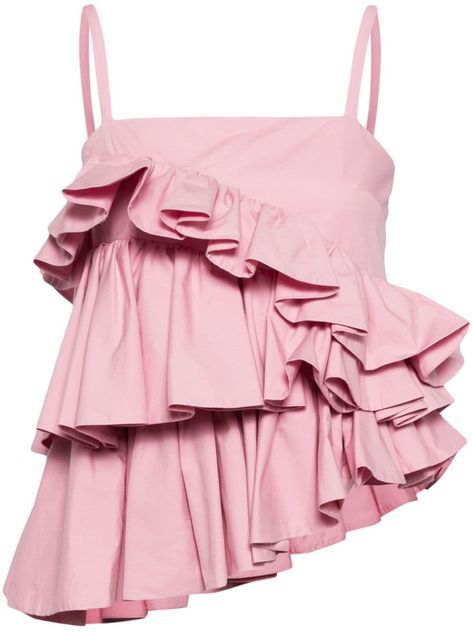 rose pink cotton spaghetti straps square neck square open back fully ruffled asymmetric body asymmetric hem Light Pink Top, Ruffles Top, Frilly Top, Sister Outfits, Ruffles Fashion, Dressed To The Nines, Tumblr Fashion, Ruffle Top, Looks Vintage