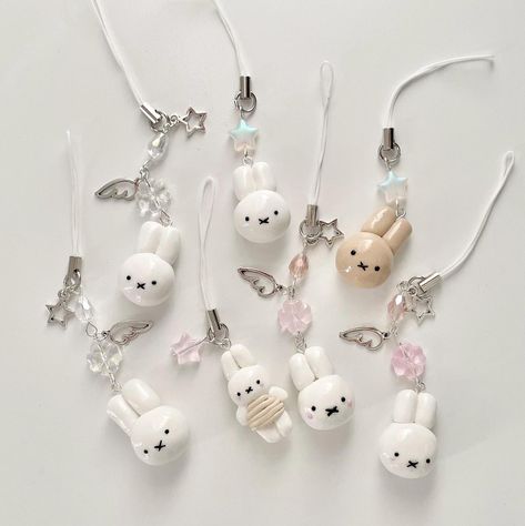 handmade polymer clay miffy inspired phone charms Miffy Polymer Clay, Miffy Clay Charm, Polymer Clay Phone Charms, Clay Charms Ideas, Clay Charms Aesthetic, Miffy Charm, Clay Charms Diy, Clay Charm Ideas, Miffy Clay