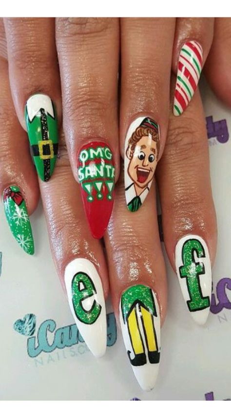 Christmas Film Nails, Christmas Character Nail Designs, Buddy The Elf Nails Designs, Christmas Movie Nail Art, Elf Movie Nails, Quirky Christmas Nails, Funky Christmas Nails Acrylic, Elf Nails Christmas, Buddy The Elf Nails