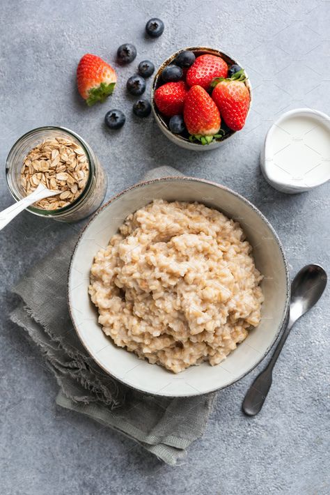 Oatmeal porridge in bowl by The baking man on @creativemarket Oats Photography Food Styling, Oatmeal Food Photography, Oatmeal Photography Food Styling, Porage Bowl, Food Proposal, Oatmeal Photography, Achari Paneer, Low Calorie Vegetables, Oatmeal Porridge