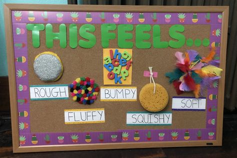 Preschool Sensory Board, Touch Board Sensory, Sensory Family Theme, Sensory Touch Board, Senses Art Activities Preschool, Sensory Bulliten Board, 5 Senses Board Preschool, Sensory Display Boards, Sensory Wall For Preschool