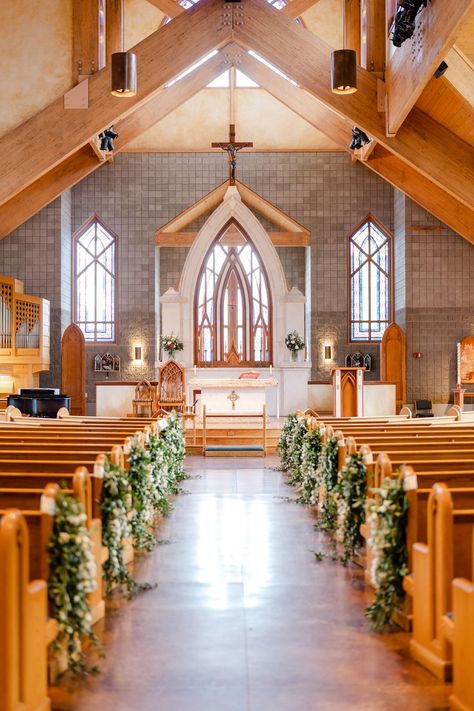 Church pew bench floral drape accent - greenery, white orlaya, white canterbury bells campanula Chapel Wedding Decorations Altars, Chapel Pew Wedding Decorations, Church Bench Decor Wedding, Pew Greenery Wedding, Wedding Altar Ideas Church, Church Alter Flower Decoration Wedding, Wedding In Church Decorations, Flowers On Pews Wedding, Wedding Aisle Decorations Pews