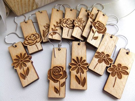 Glowforge Keychains, Glowforge Earrings, Laser Engraved Earrings, Svg Flowers, Engraving Ideas, Laser Cut Wood Earrings, Earrings Svg, Engraved Earrings, Laser Cut Wood Crafts