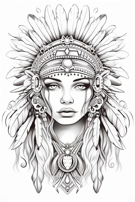 Native American Tattoo Art, Warrior Headdress, Indian Chief Tattoo, Indian Women Tattoo, American Drawing, Female Lion Tattoo, Headdress Art, Hippie Core, Headdress Tattoo