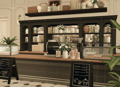 Cáfe De Rue, by bbygyal123 & lijoue ♡ | Patreon Sims 4 Restaurant Interior, Sims 4 Cafe Apartment, Sims Cafe Layout, Bloxburg Cafe Outside, Sims 4 Coffee Shop Build, Cozy Cafe Bloxburg, Sims 4 Bakery Lot, Sims4 Coffee Shop, Sims 4 Cc Cafe Furniture Patreon