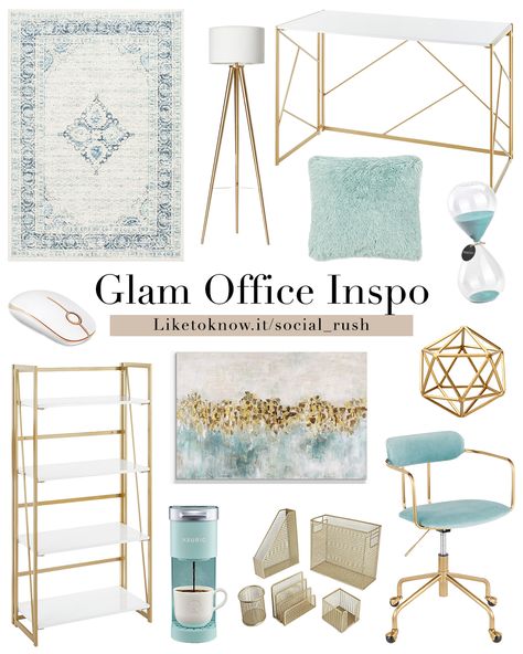 Office Ideas Amazon, Pale Blue Office, Home Office Boho Chic, Blue Office Decor, Home Office Inspo, Luxe Office, Glam Office Decor, Modern Home Office Design, Sunroom Remodel