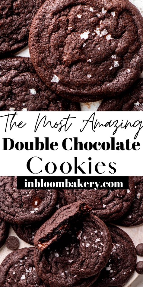 Salted Double Chocolate Chip Cookies, Dubble Chocolate Cookies, Best Double Chocolate Cookies, Double Chocolate Chunk Cookie Recipe, Choc Cookies With Cocoa, Dark Chocolate Dipped Cookies, Chocolate Cocoa Cookies, Dark Chocolate Chocolate Chip Cookies, Salted Dark Chocolate Chip Cookies