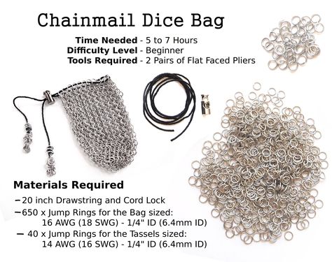 All Seven of my chainmail tutorials in one bundle! Learn to make seven different chainmail projects from detailed tutorials filled with photos of the project as it comes together.  Learn basic European 4 in 1 in with the Scrubber tutorial, craft a graduated spiral chain with the Icicle tutorial, or make your own drawstring pouch with the Dice Bag tutorial. Time Needed - 1 Hour through a few dozen hours Difficulty Level - Beginner through Intermediate Tutorial Language - English Tools - You will Chainmail Dice Bag, Crochet Chainmail Pattern, Diy Chainmail Jewelry, Chainmail Jewelry Patterns, Chainmail Patterns Tutorials, Chain Maille Patterns Tutorials, Diy Chainmail, Chainmail Diy, Chainmail Projects