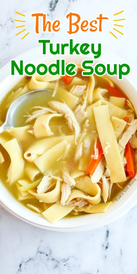 A bowl of turkey noodle soup.  Broth, noodles, chicken, carrots and lots of flavor! Crockpot Turkey Noodle Soup Easy Recipes, Turkey And Homemade Noodles, Homemade Turkey Noodle Soup Recipe, Best Turkey Noodle Soup Recipe, Turkey Soup With Egg Noodles, Turkey And Noodle Soup, Turkey Soup In Crockpot, Turkey Noodle Soup Homemade Crockpot, How To Make Turkey Soup