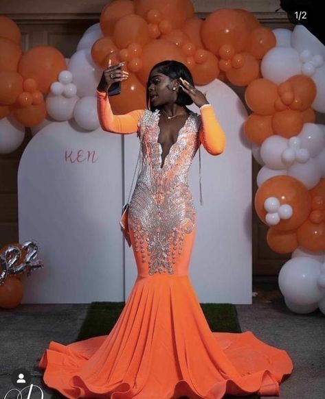 Prom Dresses Black People, Highschool Dresses, Orange Prom Dress, Prom 2k24, Teal Prom Dresses, Prom 23, Orange Prom Dresses, Girl Prom, Crystal Wedding Dresses