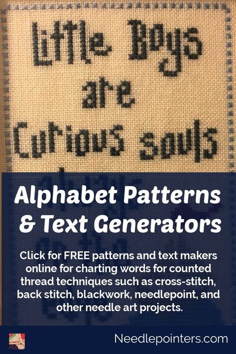 Needlework alphabet patterns and text generators are some of the most sought-after resources.  So, we have searched the internet and found some terrific FREE patterns and text makers online for charting words for counted thread techniques such as cross-stitch, back stitch, blackwork, needlepoint, and other needle art projects.   With these resources let your personality shine. Cross Stitch Fonts Free, Cross Stitch Alphabet Patterns Free, Free Cross Stitch Alphabet, Word Cross Stitch, Cross Stitch Font, Needlework Stitches, Cross Stitch Letter Patterns, Counted Cross Stitch Patterns Free, Alphabet Patterns