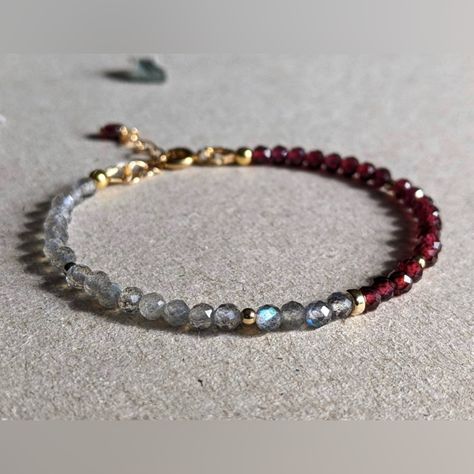 P R O D U C T D E T A I L S - This Dainty Bracelet Features Half Misterious Labradorite And Half Intense Deep Red Garnet Accompanied With 14 Karat Gold Filled Beads And Other 14 Karat Gold Filled Settings. The Beads Are About 3.5 Mm, A Very Light And Elegant Bracelet. - Bracelet Size Is 7” Inches Plus 1” Inch Extender Chain. (Custom Length Is Available). - This Bracelet Is Also Made To Order In Sterling Silver. - Minimalist Design, Handcrafted By Us In Pennsylvania , Usa. - Garnet Is The Officia Beryl Stone Bracelet, Gray Beaded Bracelet, Elegant Beads Bracelet, Gemstone Bracelet Ideas, Grandidierite Jewelry, Gemstone Bracelets Ideas, Gem Bracelets, Stone Bead Bracelets, Broken Bonds