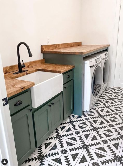 Laundry Room Bathroom Laundry Combo With Tub, Saltillo Tile Laundry Room, Laundry Room New Build, Half Bath Half Laundry Room, Closet Style Laundry Room, Green Gold Laundry Room, Black White And Green Laundry Room, Laundry Room Design Colorful, Cottage Farmhouse Laundry Room