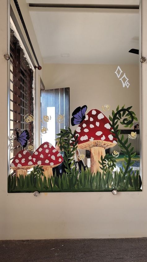 Aesthetic Painting On Mirror, Mushroom Painting Mirror, Draw On Mirror Ideas, Long Painted Mirror, Mushroom Painted Mirror, Drawings On Mirrors Ideas, Glass Painting On Mirror, Drawing On The Mirror, Mushroom Window Painting