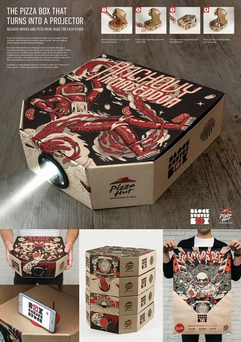 Pizza Hut Blockbuster Box Pizza Box Design, Do It Yourself Decoration, Cv Original, Box Project, Innovative Packaging, Pizza Boxes, Pizza Box, Movie Projector, Guerilla Marketing