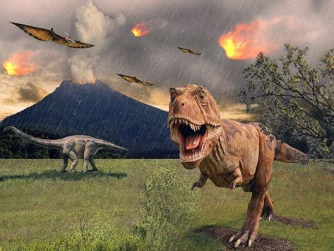 Illustration of  dinosaurs running away from erupting volcano. Mass Extinction, Dartmouth College, Magical Thinking, Prehistoric Animals, Science And Nature, Volcano, Scientists, Dinosaurs, Brain