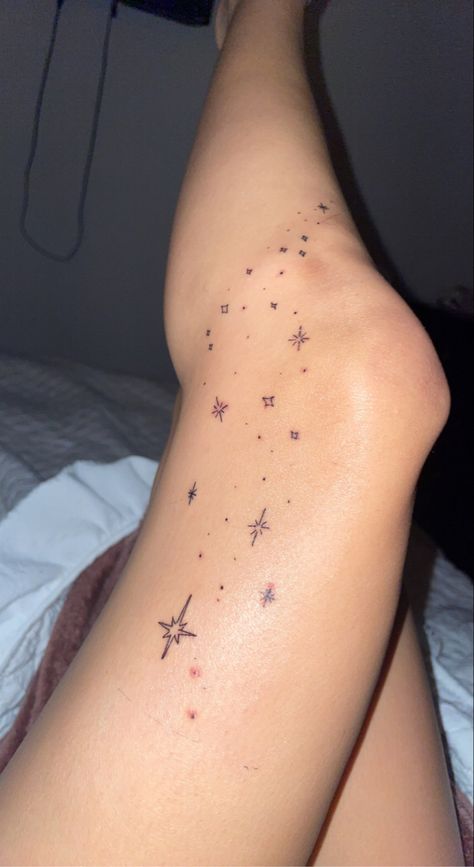 Stars Patchwork Tattoo, Live Like The Stars Tattoo, Sparkle Tattoo Aesthetic, Stick And Pokes With Meaning, Stars On Leg Tattoo, Leg Star Tattoos, Cute Aesthetic Tattoo Ideas, Cottage Core Tattoos Ideas, Scattered Star Tattoos