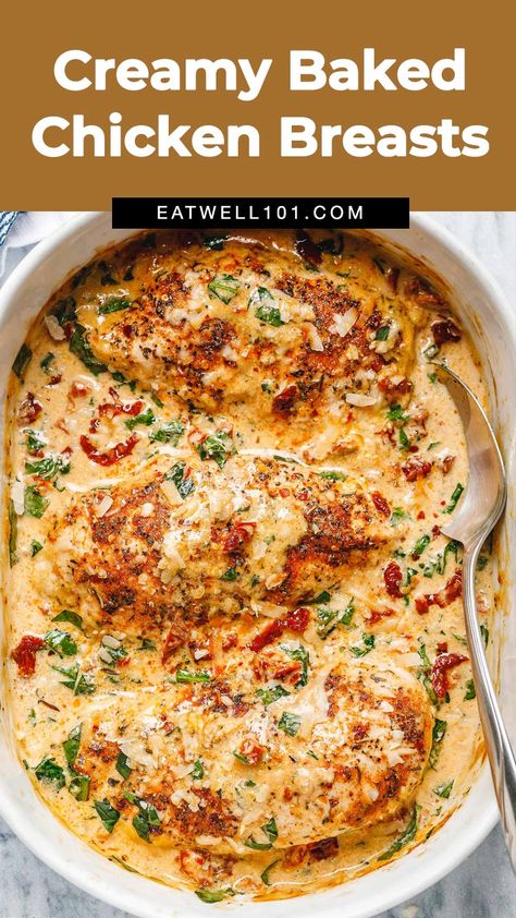 Baked chicken breasts - #baked #chicken #recipe #eatwell101 - With an irresistible creamy sauce filled with sun-dried tomatoes, spinach, and parmesan is a winner of a chicken dinner. - #recipe by #eatwell101® Baked Tuscan Chicken Breast, Oven Baked Tuscan Chicken, Baked Boursin Chicken, Boursin Chicken Baked, Easy Creamy Chicken Recipes, Baked Tuscan Chicken, Saturday Meals, Creamy Baked Chicken, Dump And Bake Chicken