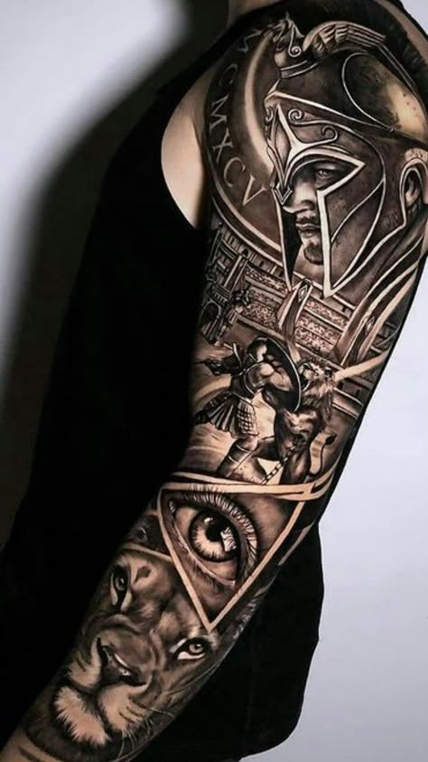 250+ Spartan Tattoos Designs and Ideas (2023) - TattoosBoyGirl The 300 Spartans Tattoo, Full Arm Tattoos For Guys, 300 Tattoo Spartan, Roman Sleeve Tattoo, 300 Spartans Tattoo Ideas, Spartan Tattoos, Mens Full Sleeve Tattoo, Boxing Tattoos, Shoulder Armor Tattoo