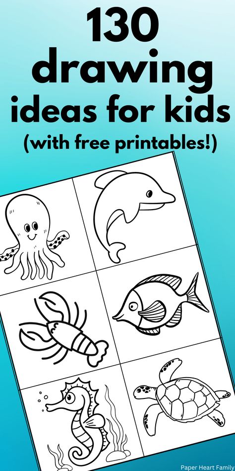 Get this huge list of drawing ideas for kids along with the free printables to help your child draw with ease and have fun, too! How To Draw For Kids, Cute And Easy Drawing Ideas, Drawing For Toddlers, List Of Drawing Ideas, Drawing Activities For Kids, Learning To Draw For Kids, Kindergarten Classroom Themes, Child Draw, Drawing Games For Kids