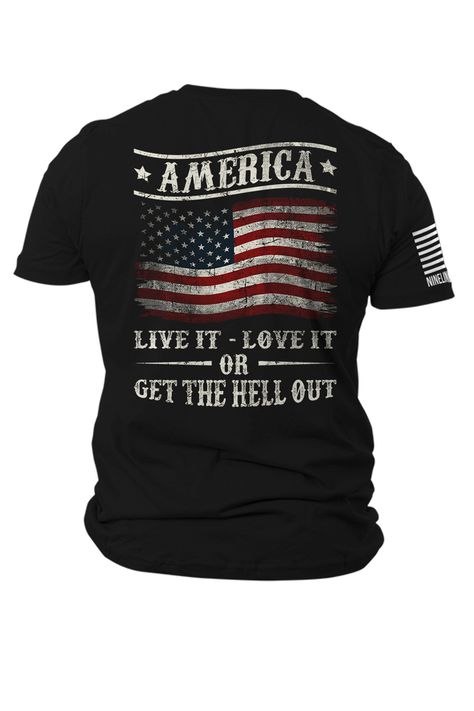 Tout your American pride with the Nine Line Apparel Get the Hell Out Short-Sleeve T-Shirt for Men. Constructed of comfortable combed, ringspun 100% cotton, this men's tee offers maximum softness and breathability for all-day comfort. Plus, finished with a stylized American flag on the right shoulder and a Nine Line Apparel helicopter logo on the left chest, this T-shirt proudly displays your undying patriotism and American pride. Made in USA.Manufacturer style #: GTHO.   Combed, ringspun 100% co American Flag T Shirt, Nine Line Apparel, American Flag Tshirt, American Flag Shirt, Flag Shirt, American Pride, Logo Design Template, T Shirt For Men, Good Brands