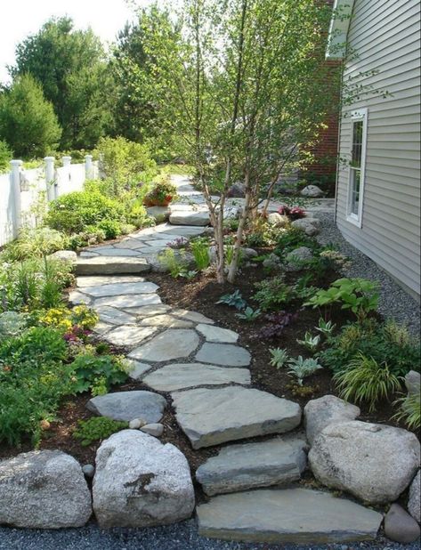 Backyard With Pathways, Rocks Along House, Walkway Through Flower Bed, Traditional Farmhouse Landscaping, Landscape Along House, Country Backyard Landscaping, Stone Pathways Ideas Walkways, Buckingham House, Lawn Ideas