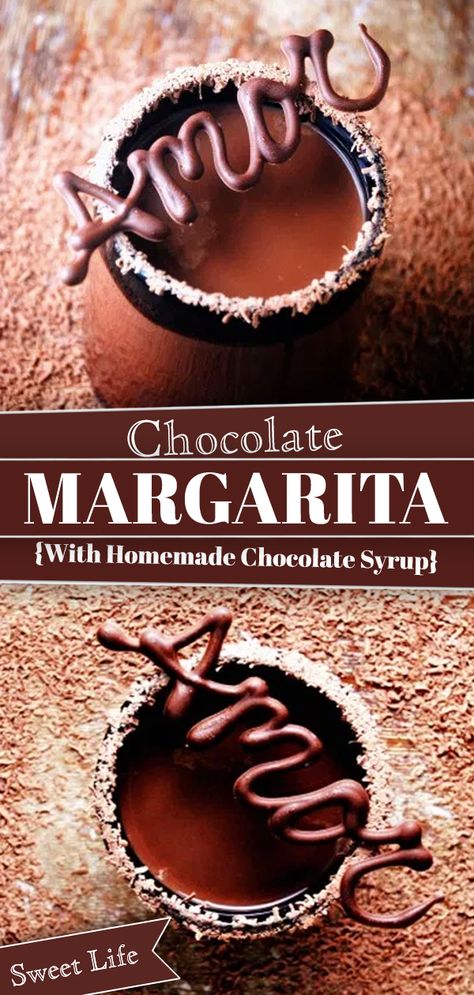 A quick warning: this Chocolate Margarita is no chocolate shake, no watered down chocolate concoction. What makes this margarita really shine is the homemade chocolate syrup. Delicioso! #chocolate #margarita #Mexican #drink #chocolatesyrup | SweetLifeBake.com @SweetLifeBake Chocolate Margarita, Chocolate Tequila, Homemade Chocolate Syrup, Coconut Hot Chocolate, Kid Friendly Drinks, Chocolate Shake, Mocktail Recipe, Beer Recipes, Chocolate Syrup