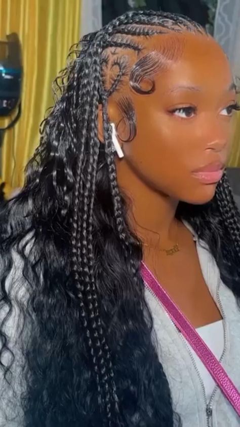 Sew In Hairstyles With Leave Out Braids, Half Cornrows Half Curly Weave With Heart, Straight Back Feed In Braids With Curly Hair, Feed Ins With Sew In In The Back, Cornrow Goddess Braids Black Women, Feed In Braids With Straight Hair, Braids And Deep Wave Hair, Fulani Braids Hairstyles With Curls In The Back, Half Sewin Half Feedins