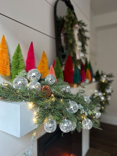 Christmas Decor Disco Balls, Disco Ball Garland Christmas, Disco Theme Christmas Tree, Disco Ball Holiday Decor, Disco Ball Christmas Tree Ornaments, Boho Disco Christmas Tree, Disco Ball Tree Christmas, Anthro Christmas Tree, Disco Ball Christmas Wreath