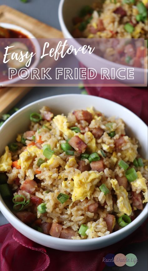 Easy leftover pork fried rice is made with pre-cooked rice, and leftover pork. It is quick, delicious, and tastes way better than takeout! | Razzle Dazzle Life @razzledazzlelife #friedricerecipe #pork #asianfood #chinesefoodrecipes #rice #easydinner #leftovers Pork Loin Fried Rice, Pork Chop Fried Rice, Recipes Using Leftover Pork Loin Roast, Chinese Pork Fried Rice Recipe Authentic, Leftover Pork And Rice Recipes, Pork Tenderloin Recipes Leftover, Leftover Boneless Pork Ribs, Pork Chops Leftovers Ideas, Leftover Pernil Recipes