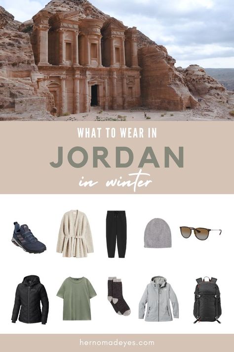 What To Wear in Jordan in the winter months (December to February) - essential clothing items and footwear! | Travel Style Middle East Winter Outfit, What To Wear In Jordan, Jordan Winter Outfits, Desert Winter Outfit, Winter Desert Outfit, Women In Jordans, Dessert Outfit, Jordan Desert, Travelling Outfit