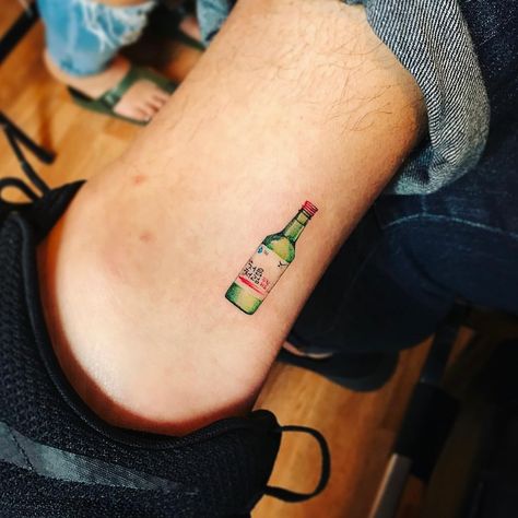 Soju 🇰🇷 @bangbangnyc #bangbangforever #bangbangtattoo Soju Tattoo, Beer Bottle Tattoo, Beer Tattoos, Bear Bottle, Ankle Tattoo Designs, Nyc Tattoo, Bottle Tattoo, Women's Tattoo, Ankle Tattoo