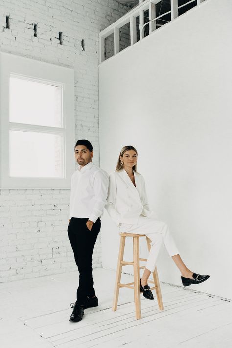 Minimalist Couple Photoshoot Studio, Minimalist Couples Photoshoot, Casual Couples Photoshoot Studio, Couple Product Photography, Professional Business Couple Photoshoot, Minimalist Family Photos, Indoor Studio Photoshoot Ideas, Real Estate Couples Photos, Minimalist Studio Photoshoot