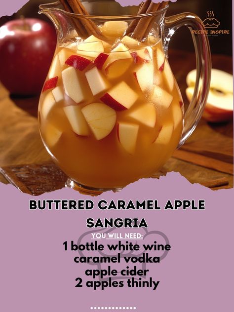 🍎🍹✨ Indulge in the sweet and buttery goodness of Buttered Caramel Apple Sangria! Perfect for fall gatherings! 🍂🍁 Buttered Caramel Apple Sangria Ingredients: - 1 bottle white wine (750ml) - 1 cup caramel vodka - 4 cups apple cider - 2 apples, thinly sliced - 1/4 cup caramel syrup - 2 cinnamon sticks Instructions: 1. In a large pitcher, combine white wine, caramel vodka, and apple cider. 2. Add sliced apples and cinnamon sticks. 3. Drizzle caramel syrup over the mixture. 4. Stir well to comb... Spiced Caramel Apple Punch, Carmel Vodka And Apple Cider, Apple Vodka Recipes, Vodka And Apple Cider, Sangria Vodka Recipe, Apple Cider Drinks Alcohol, Sweet Sangria Recipe, Carmel Vodka, Salted Caramel Vodka