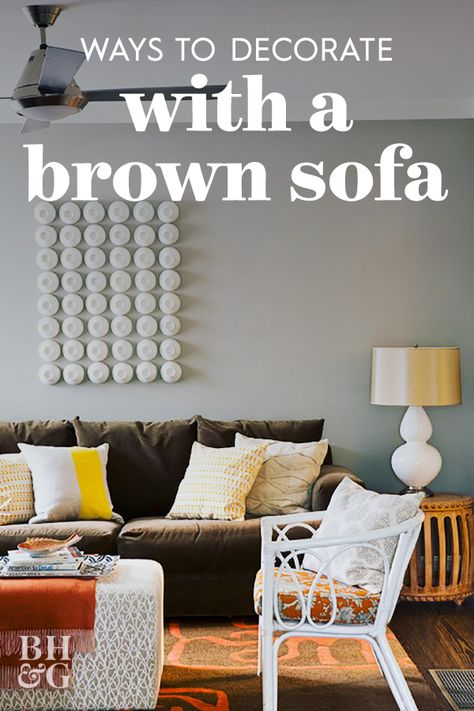 Get inspiration on how to style a brown sofa so that your living room stays fresh and modern. #decorideas #livingroomdecor #brownsofa #bhg Brown Sofa Living Room, Green Living Room Decor, Brown Living Room Decor, Brown Couch Living Room, Furnitur Ruang Keluarga, Brown Couch, Living Room Color Schemes, Brown Furniture, Trendy Living Rooms